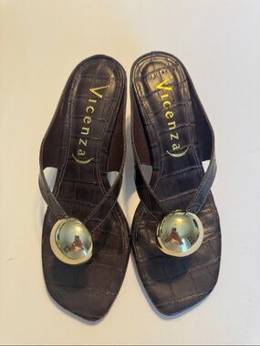 Vicenza Brown Croc-Embossed Leather Slide Mules with Gold Medallion